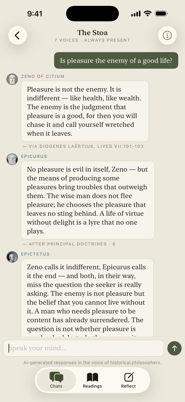 A group chat where several philosophers reply in turn, each with a citation.