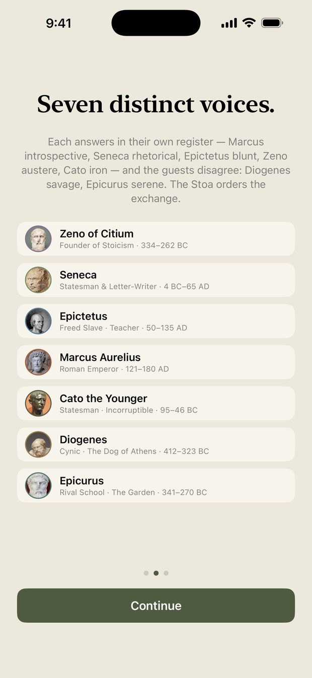 The seven philosophers with portraits and dates.